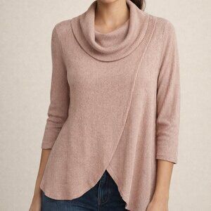 Ophelia Roe 1X Dusty Pink Ribbed Cowl Neck Sweater Asymmetrical Hem